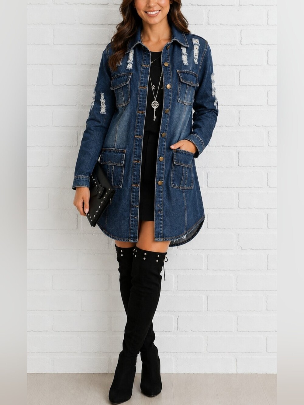 TANMING Distressed Denim Shirt Jacket Longline Button Front XS